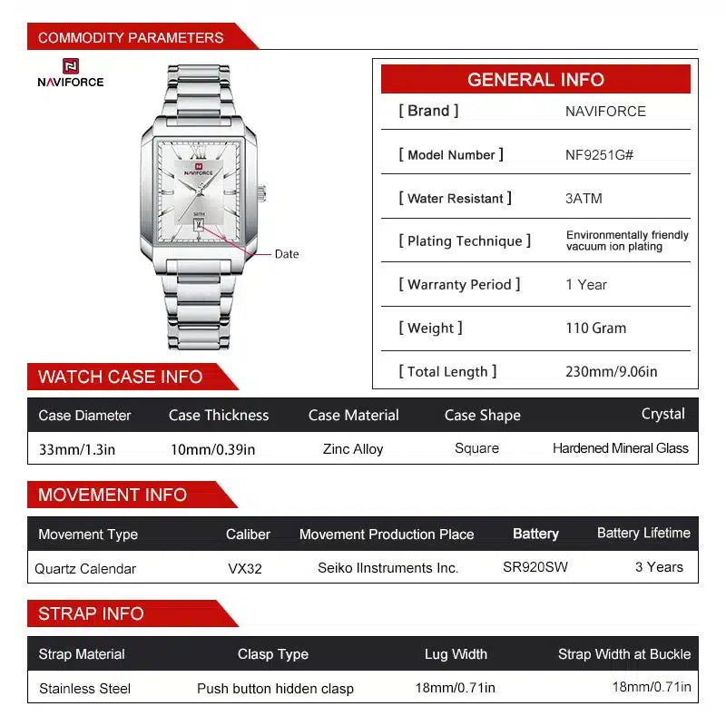 Reloj Naviforce Hombre NF9251G Rectangular Dorado Esfera Clara