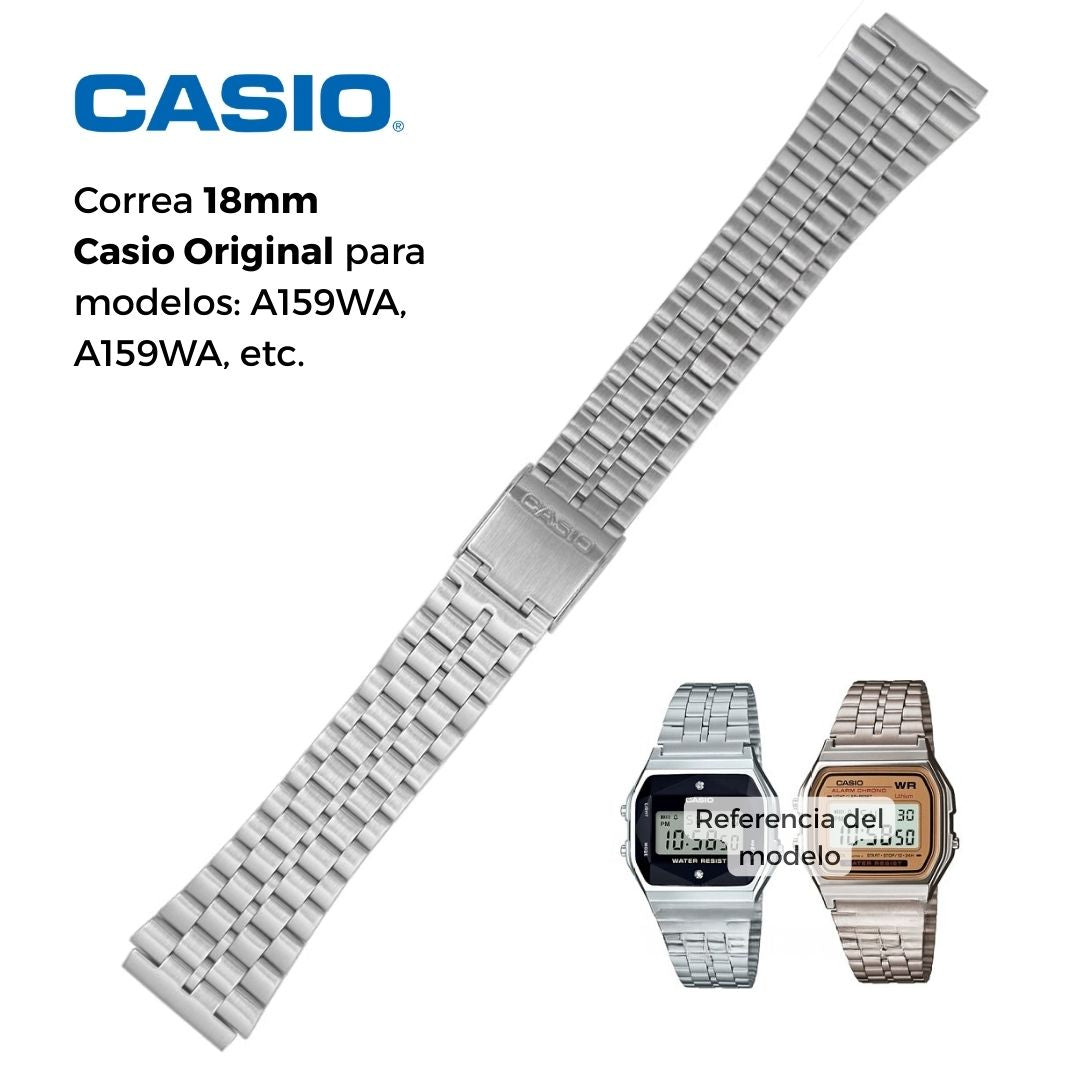 Correa Casio Original Acero Reloj A159WA, A158WA - 18mm