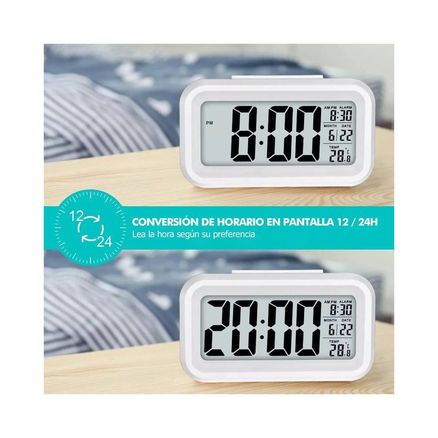 Reloj Digital con Luz Alarma Fecha y Temperatura