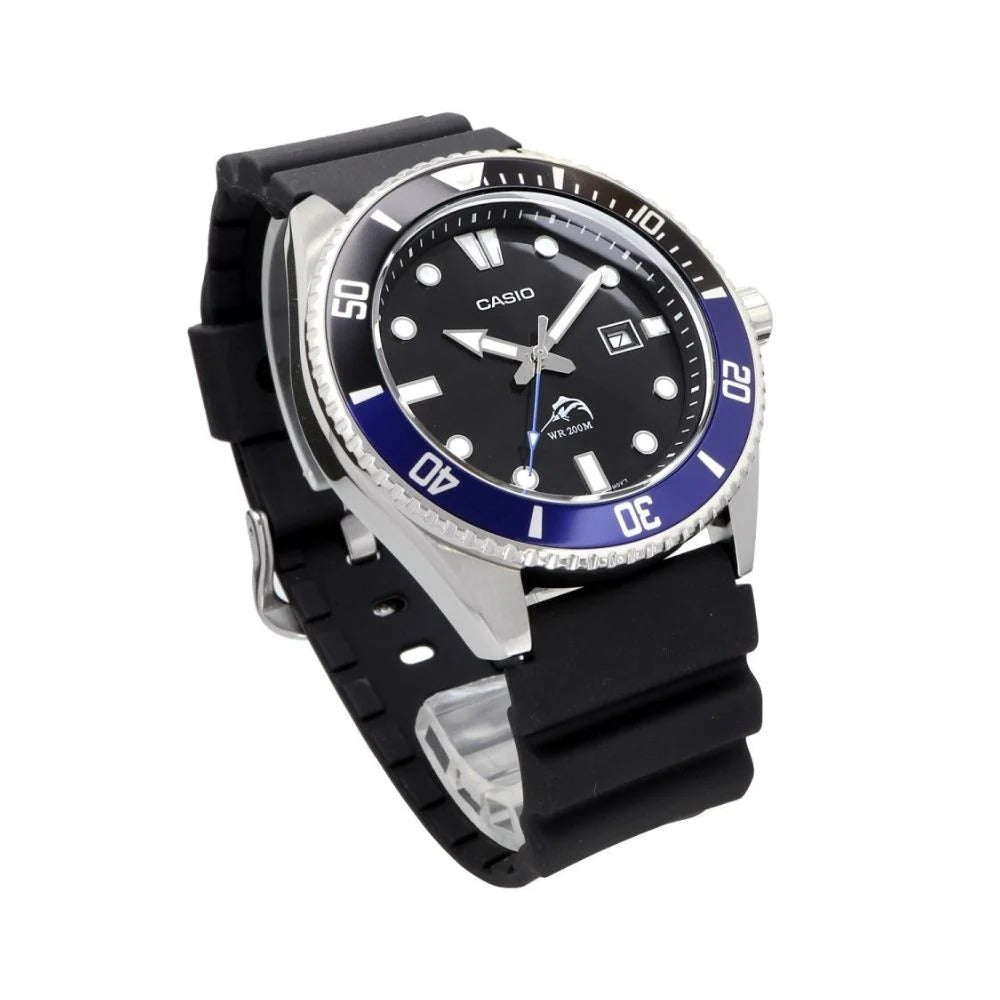 Reloj Casio Hombre Duro Marlin Batman MDV-106B-1A1VCF Bisel Azul y Negro Correa de Resina
